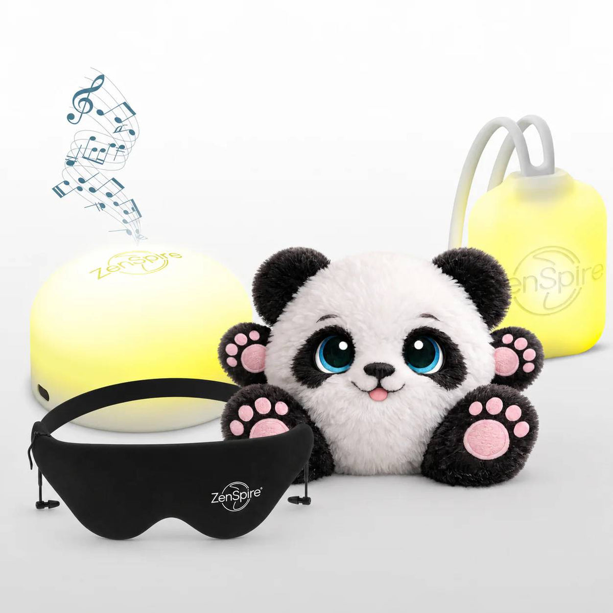 Le ZenSpire +, le ZenSpire Pocket, la peluche panda Zen’A et un masque de sommeil réunis sur un fond blanc