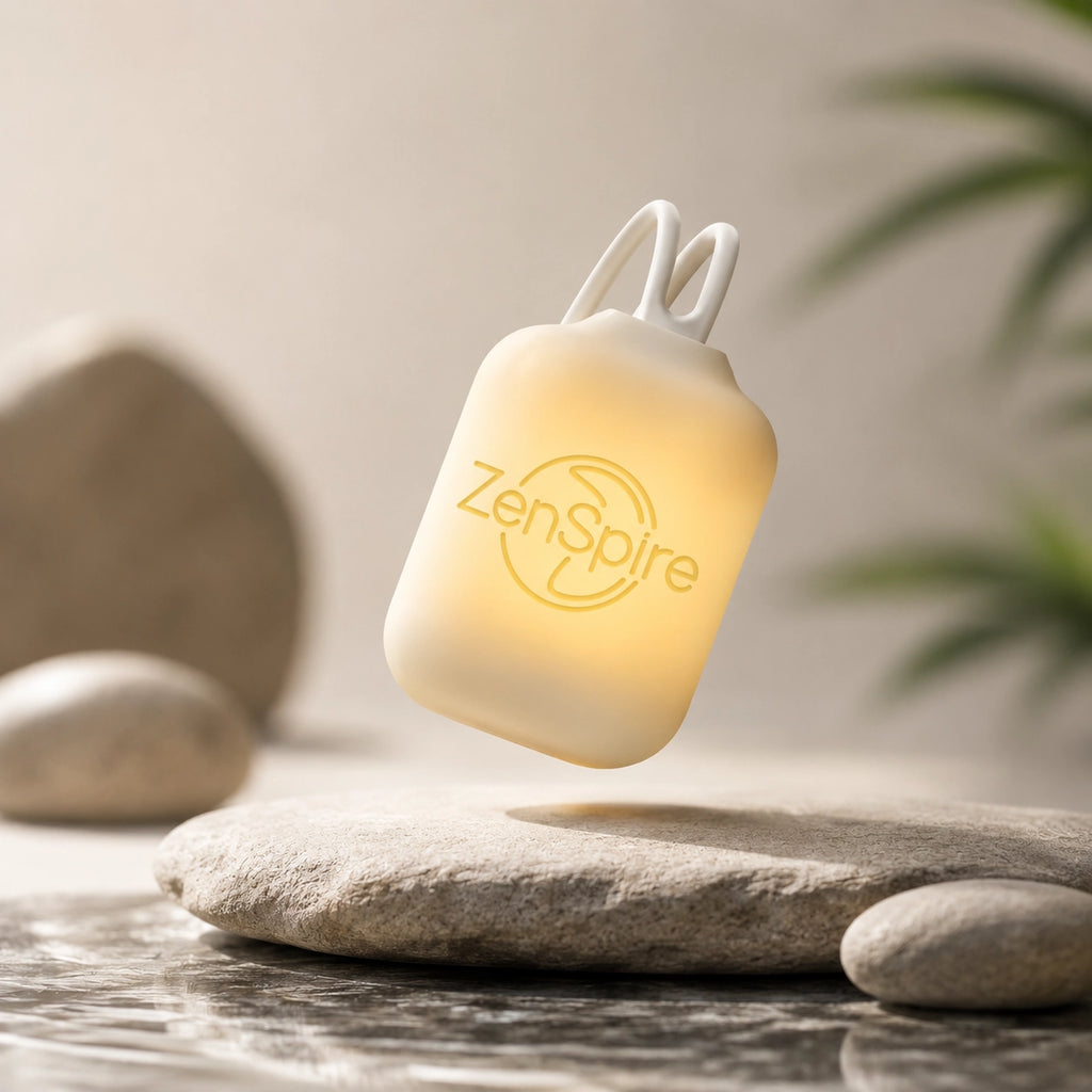 ZenSpire Pocket allumé en jaune crème, avec sa boucle blanche, en suspension au-dessus d'une pierre plate