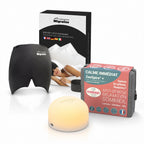Le bonnet anti-migraine Climsom et sa boîte, avec le ZenSpire + allumé et son coffret, sur fond blanc