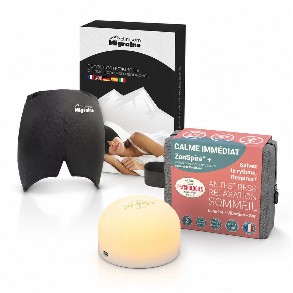 Le bonnet anti-migraine Climsom et sa boîte, avec le ZenSpire + allumé et son coffret, sur fond blanc
