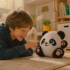 Garçon allongé sur un tapis qui touche du doigt la peluche panda Zen'A, dans une chambre d'enfant