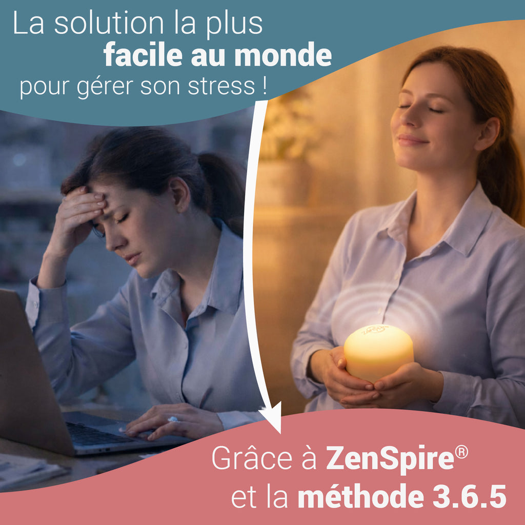 Une femme stressée devant son ordinateur, puis apaisée avec un ZenSpire + entre les mains, grâce à la méthode 3.6.5