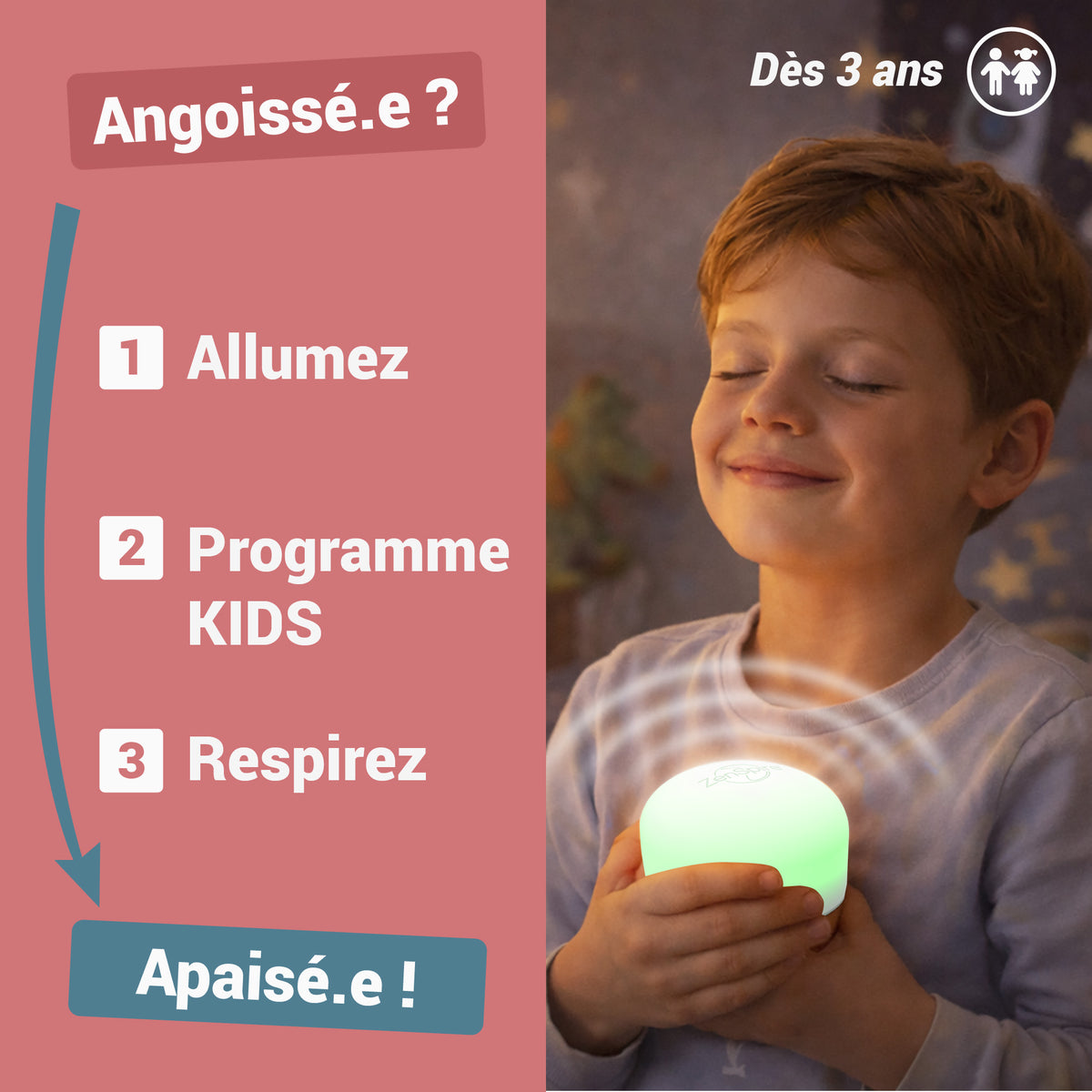 Garçon souriant qui tient un ZenSpire + allumé en vert : allumez, programme Kids, respirez
