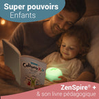 Un père lit le livre Cohérence Kid à son enfant, un ZenSpire + allumé en vert près d’eux