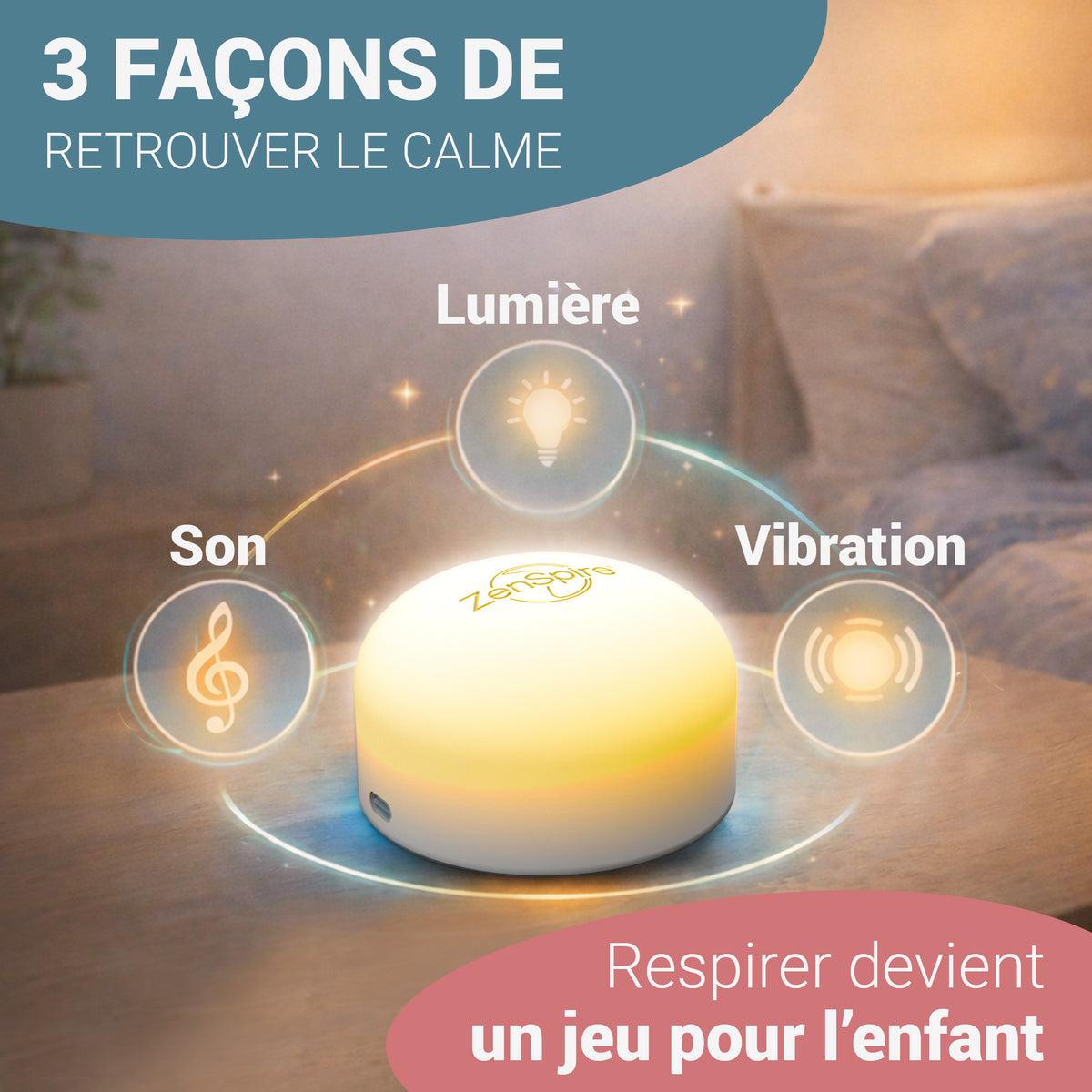 ZenSpire + allumé avec ses trois modes de guidage : lumière, son et vibration