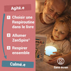 Un grand-père et un enfant respirent avec le ZenSpire + et le livre Cohérence Kid : choisir une Respiroutine, allumer, respirer ensemble
