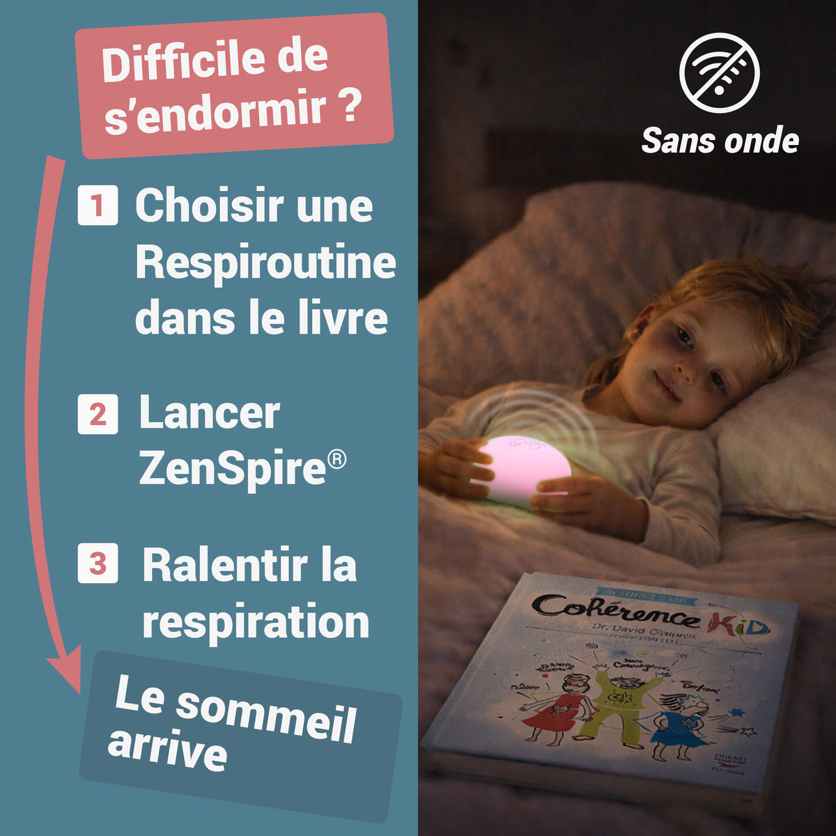 Enfant au lit, un ZenSpire + allumé et le livre Cohérence Kid près de lui : le sommeil arrive