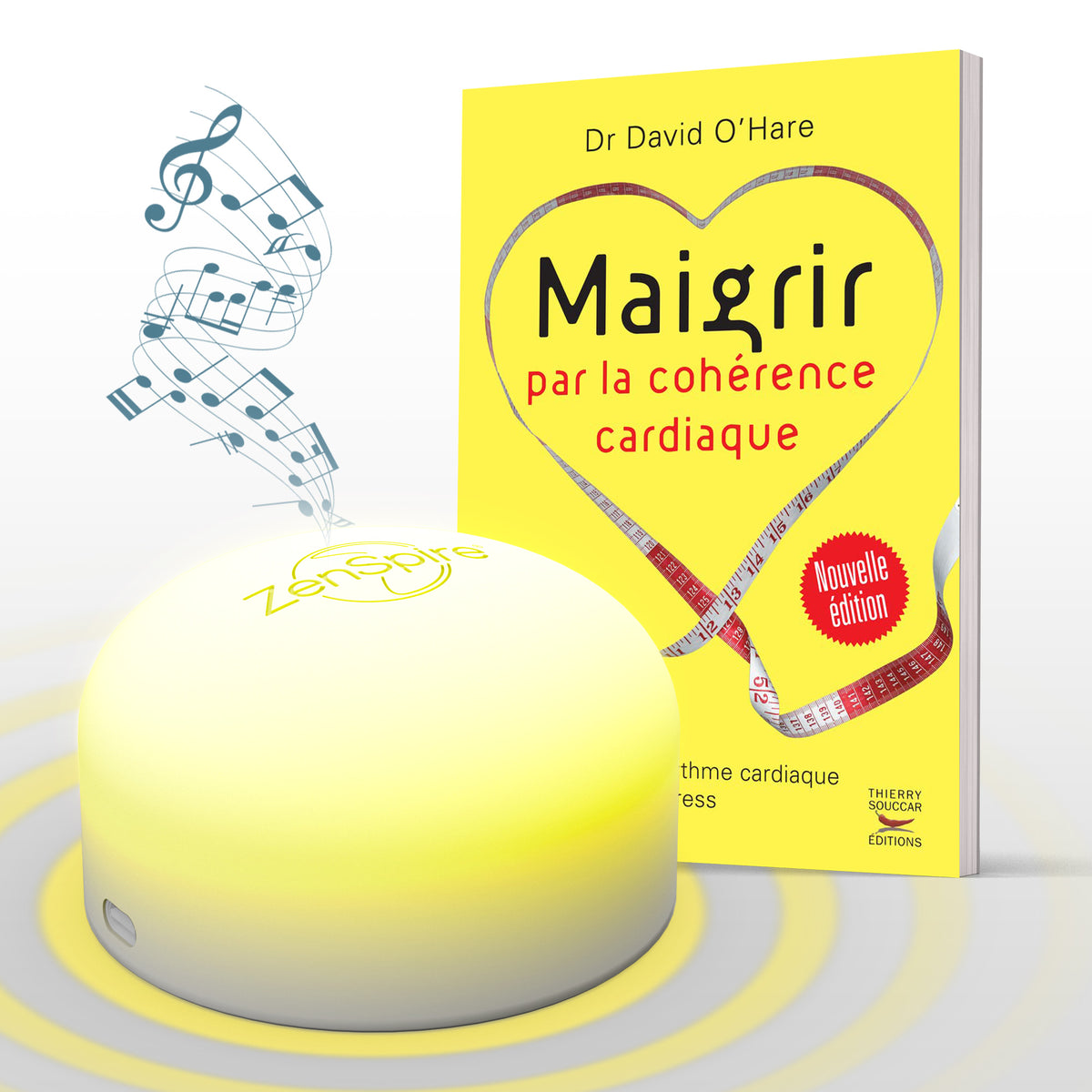 ZenSpire + allumé en jaune devant le livre Maigrir par la cohérence cardiaque du Dr David O’Hare