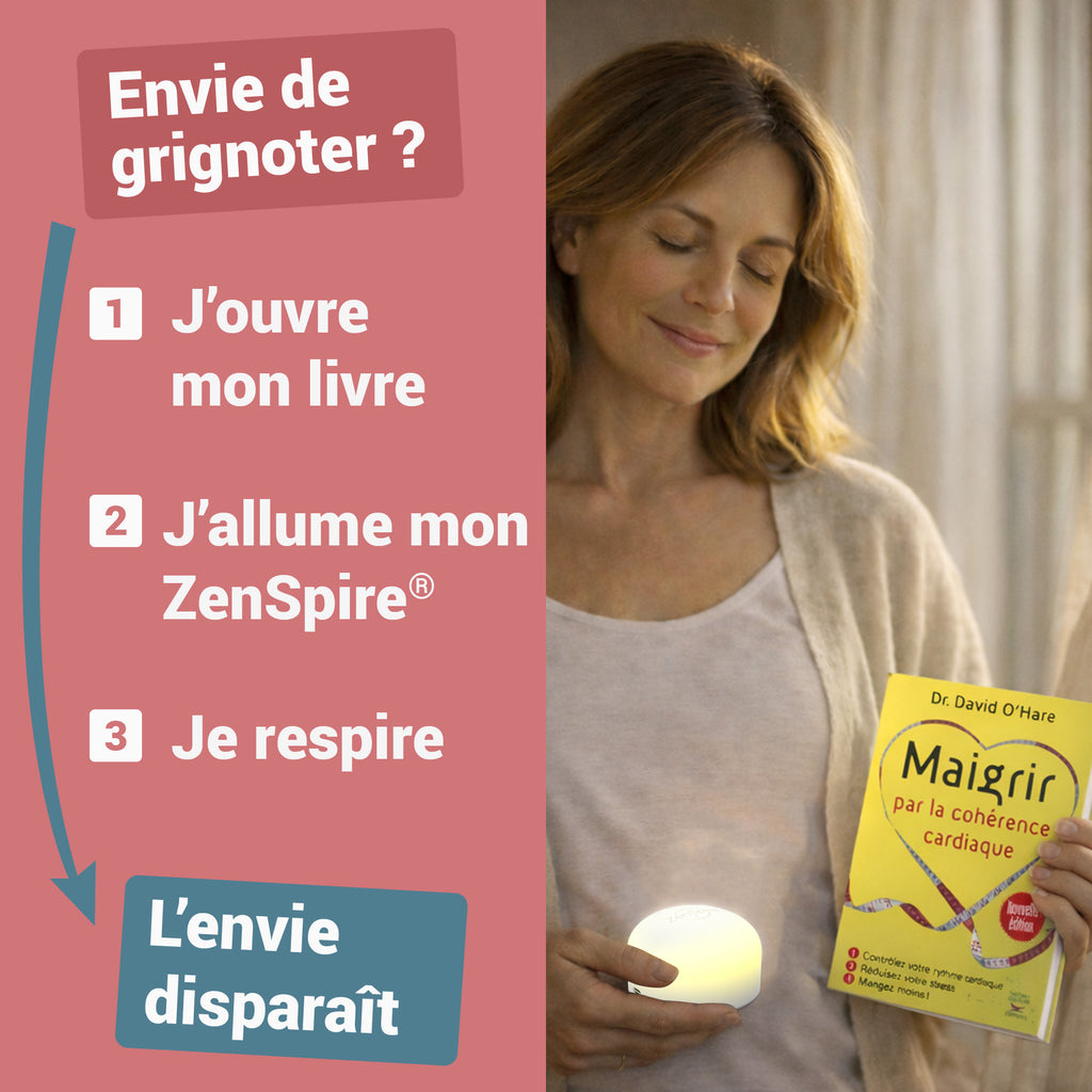Femme qui tient le livre Maigrir par la cohérence cardiaque et un ZenSpire + allumé : j’ouvre mon livre, j’allume mon ZenSpire, je respire