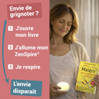 Femme qui tient le livre Maigrir par la cohérence cardiaque et un ZenSpire + allumé : j’ouvre mon livre, j’allume mon ZenSpire, je respire