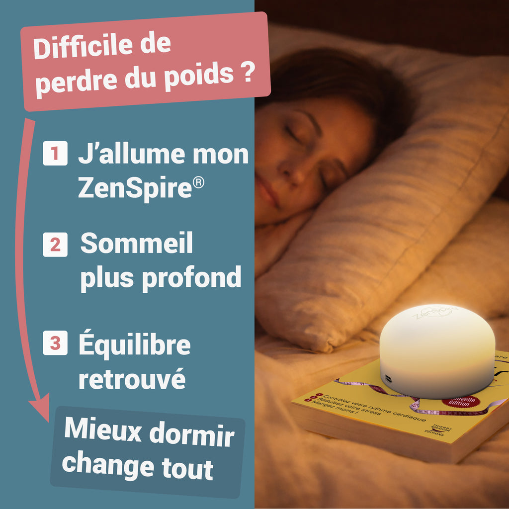 Femme endormie près d’un ZenSpire + posé sur le livre Maigrir par la cohérence cardiaque