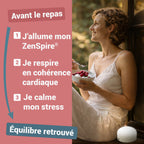 Femme qui respire avant le repas, un bol de fruits rouges en main et un ZenSpire + à côté d’elle