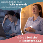 Une femme stressée devant son ordinateur, puis apaisée avec un ZenSpire Pocket entre les mains, grâce à la méthode 3.6.5