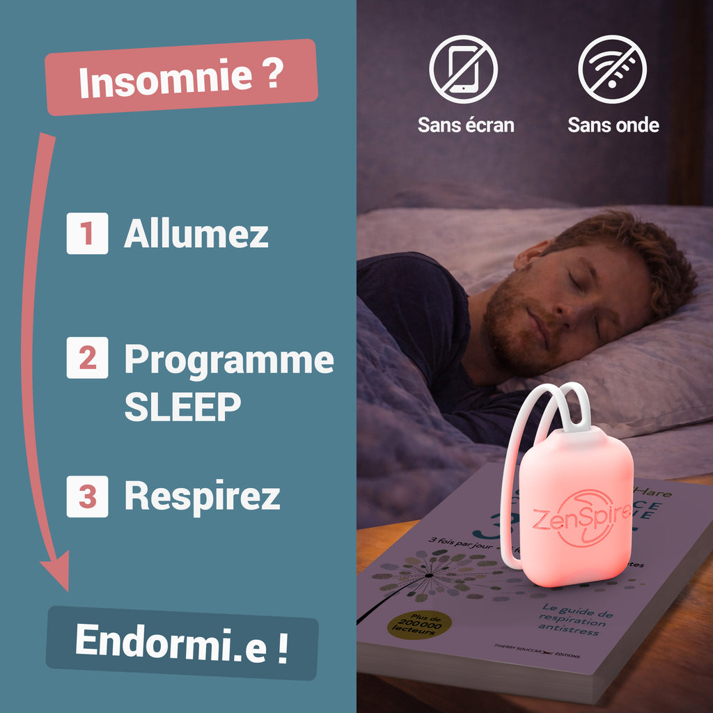 Homme endormi près d’un ZenSpire Pocket allumé en rose : allumez, programme Sleep, respirez