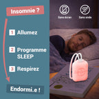 Homme endormi près d’un ZenSpire Pocket allumé en rose : allumez, programme Sleep, respirez