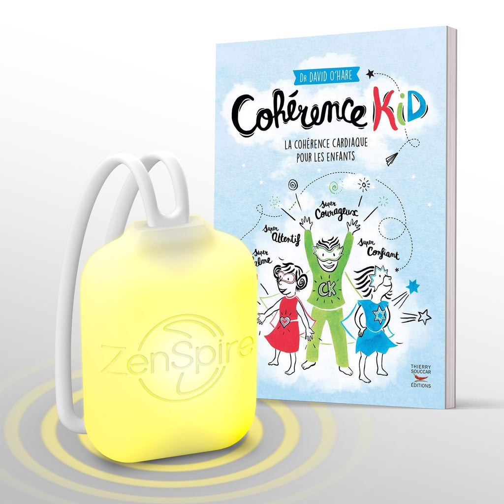 ZenSpire Pocket allumé en jaune devant le livre Cohérence Kid du Dr David O’Hare