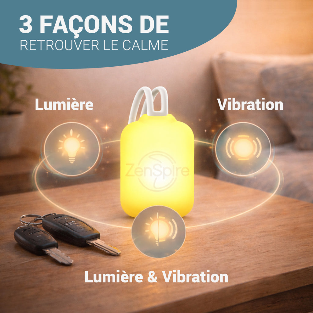 ZenSpire Pocket allumé avec ses modes de guidage : lumière, vibration, lumière et vibration