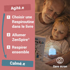 Un grand-père et un enfant respirent avec le ZenSpire Pocket et le livre Cohérence Kid : choisir une Respiroutine, allumer, respirer ensemble