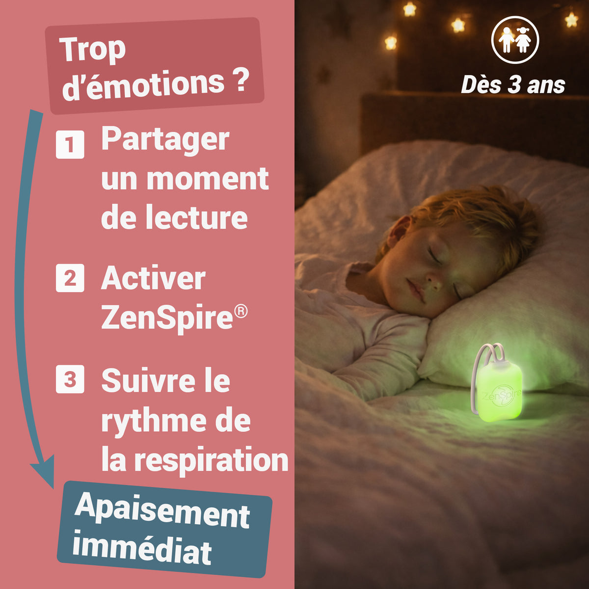 Enfant endormi près d’un ZenSpire Pocket allumé en vert : partager un moment de lecture, activer ZenSpire, suivre le rythme