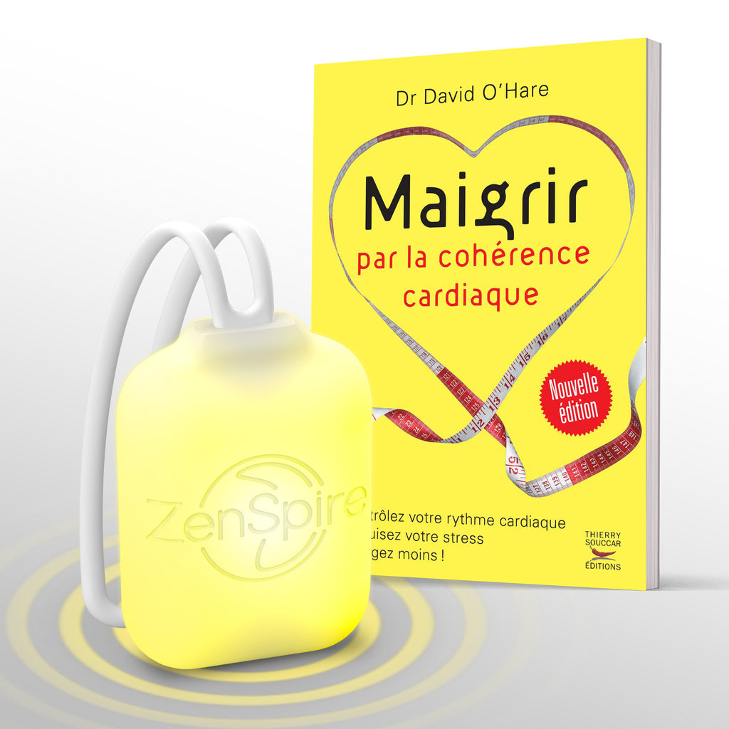 ZenSpire Pocket allumé en jaune devant le livre Maigrir par la cohérence cardiaque du Dr David O’Hare