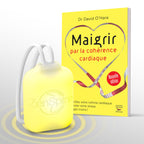 ZenSpire Pocket allumé en jaune devant le livre Maigrir par la cohérence cardiaque du Dr David O’Hare