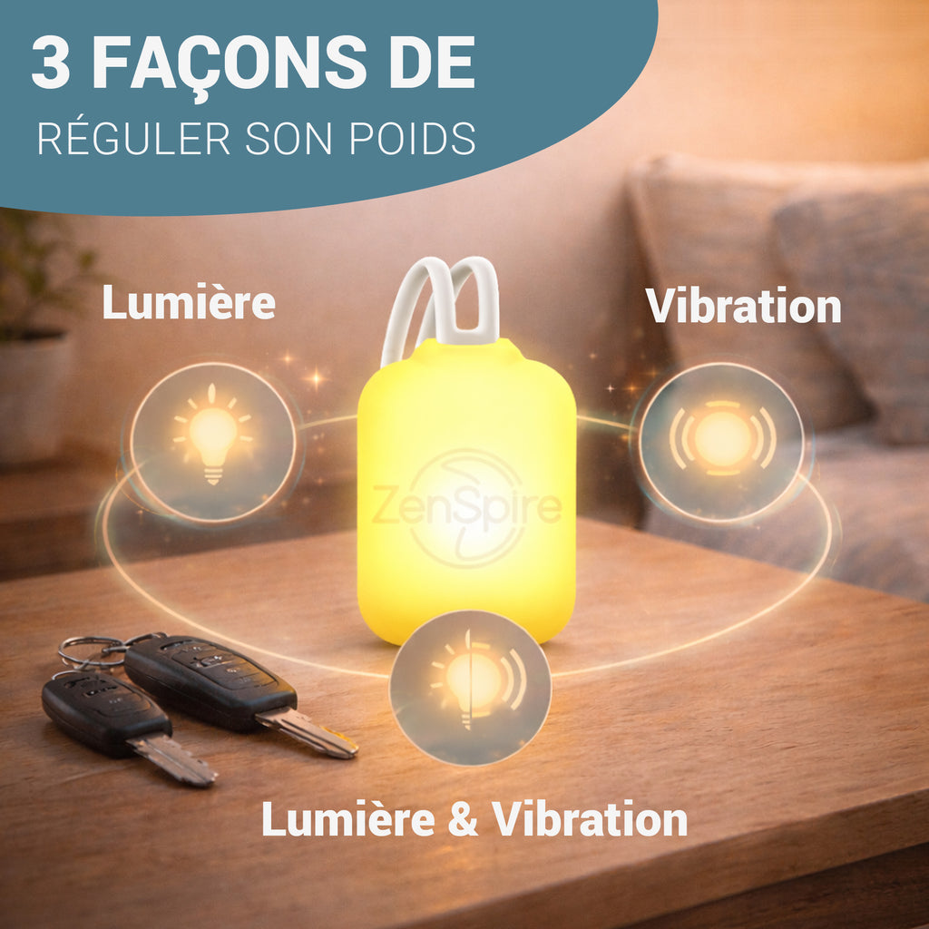ZenSpire Pocket allumé avec ses modes de guidage : lumière, vibration, lumière et vibration