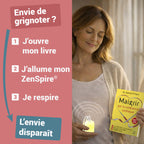 Femme qui tient le livre Maigrir par la cohérence cardiaque et un ZenSpire Pocket allumé : j’ouvre mon livre, j’allume mon ZenSpire, je respire