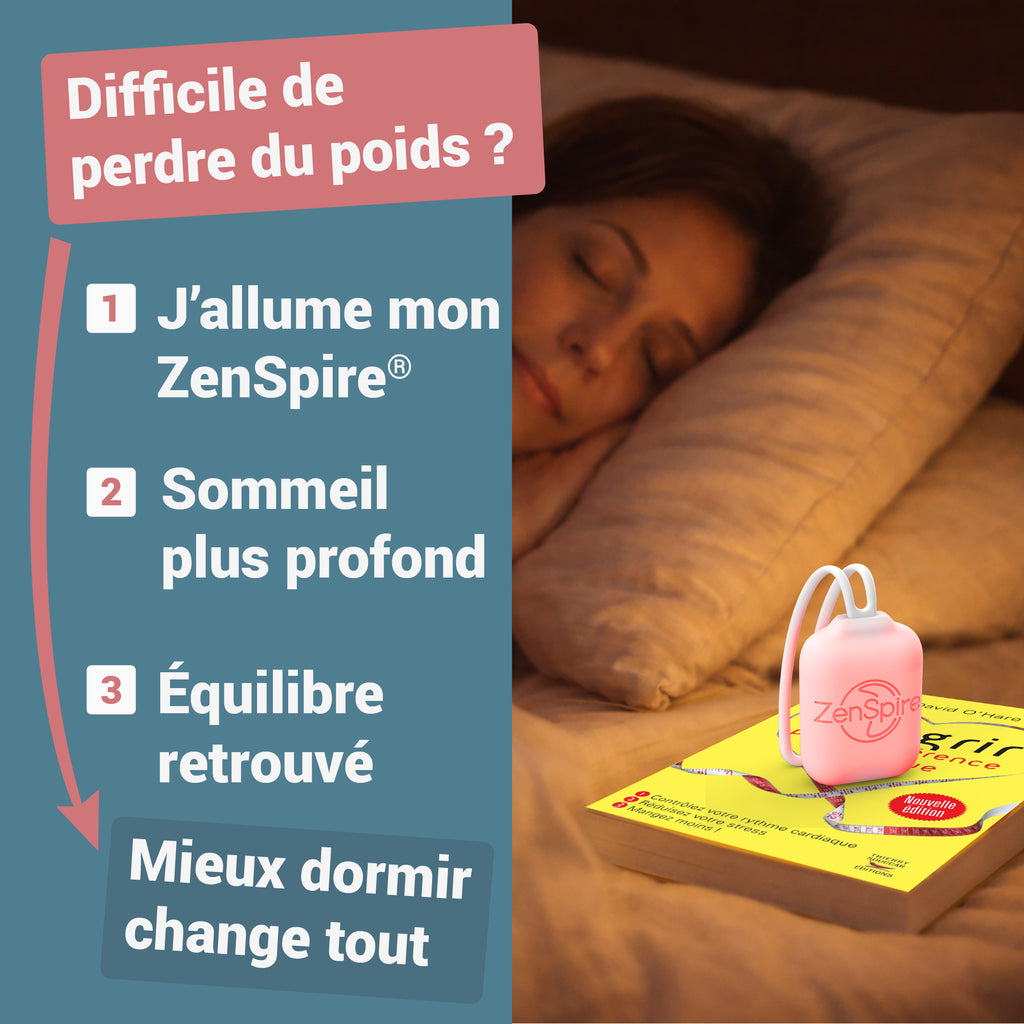 Femme endormie près d’un ZenSpire Pocket posé sur le livre Maigrir par la cohérence cardiaque
