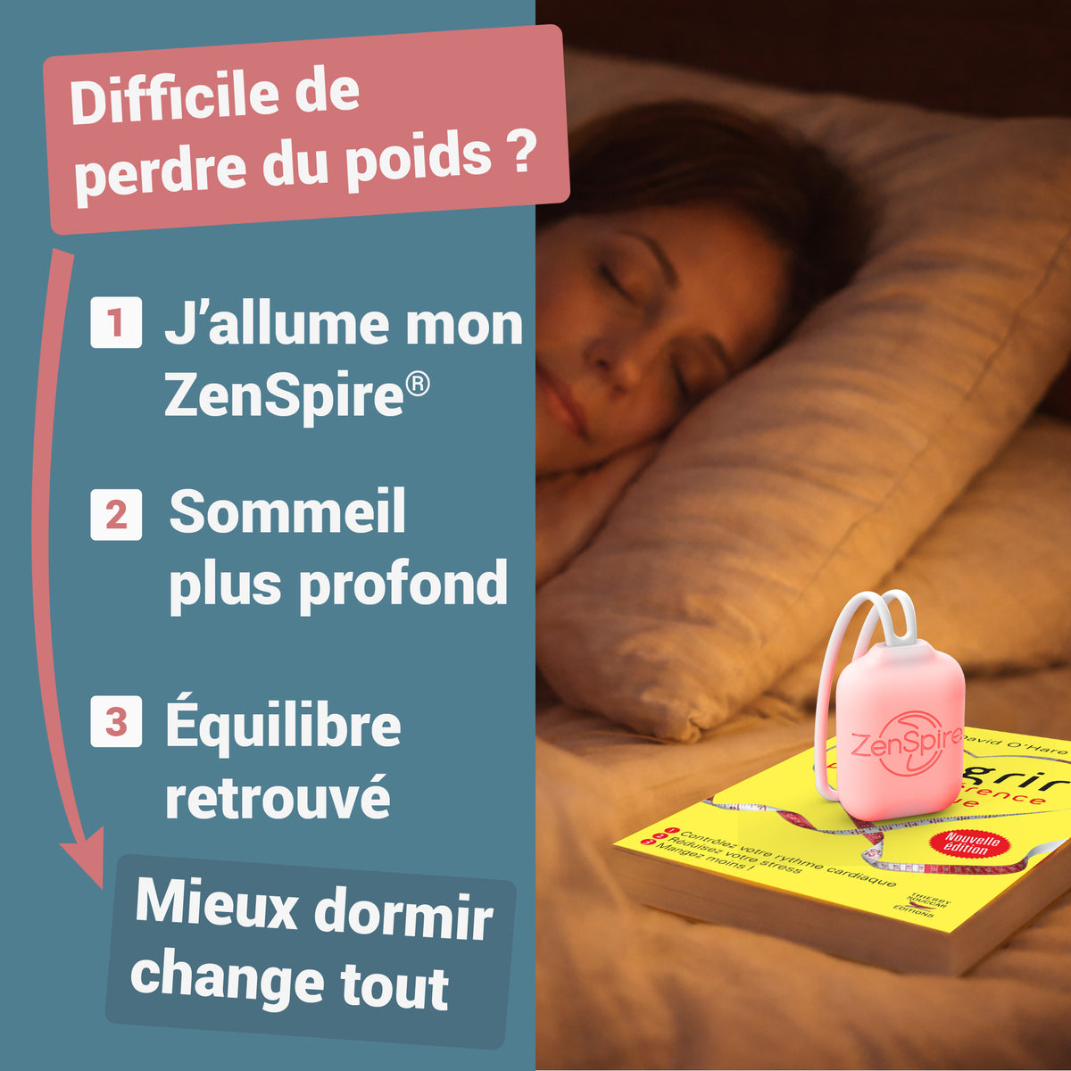 Femme endormie près d’un ZenSpire Pocket posé sur le livre Maigrir par la cohérence cardiaque