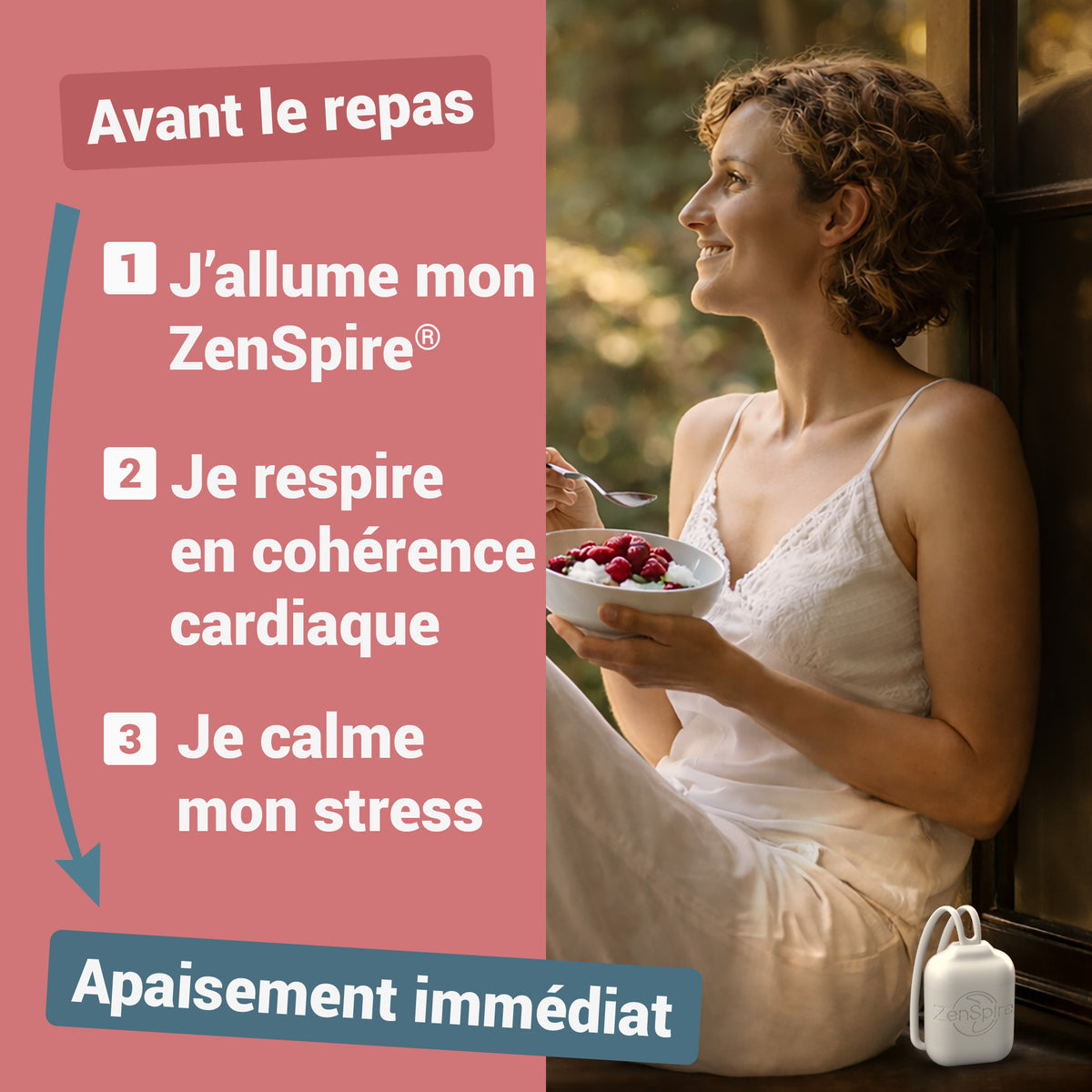 Femme qui respire avant le repas, un bol de fruits rouges en main et un ZenSpire Pocket à côté d’elle