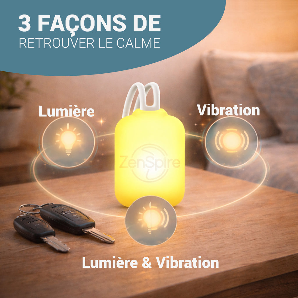 ZenSpire Pocket allumé sur une table en bois, avec ses modes lumière, vibration, ou les deux