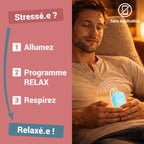 Étapes d'utilisation du ZenSpire Pocket : allumer, choisir le programme Relax, respirer, sans application