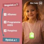 Étapes d'utilisation du ZenSpire Pocket : allumer, choisir le programme Kids, respirer, avec une fillette souriante